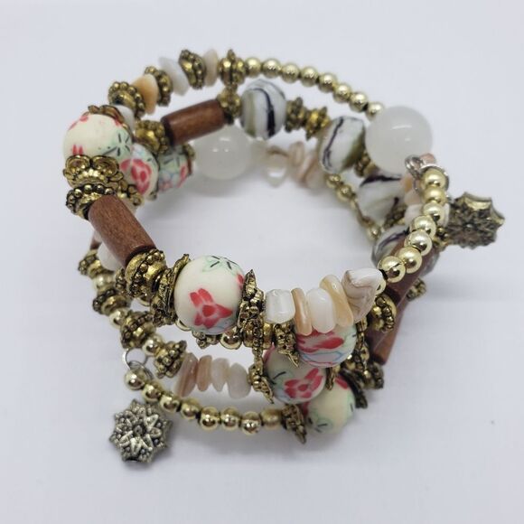 50% Off 3 Or More Boho Beaded Wrap Bracelet Gold Tone Cream & Brown Beads - Picture 11 of 12